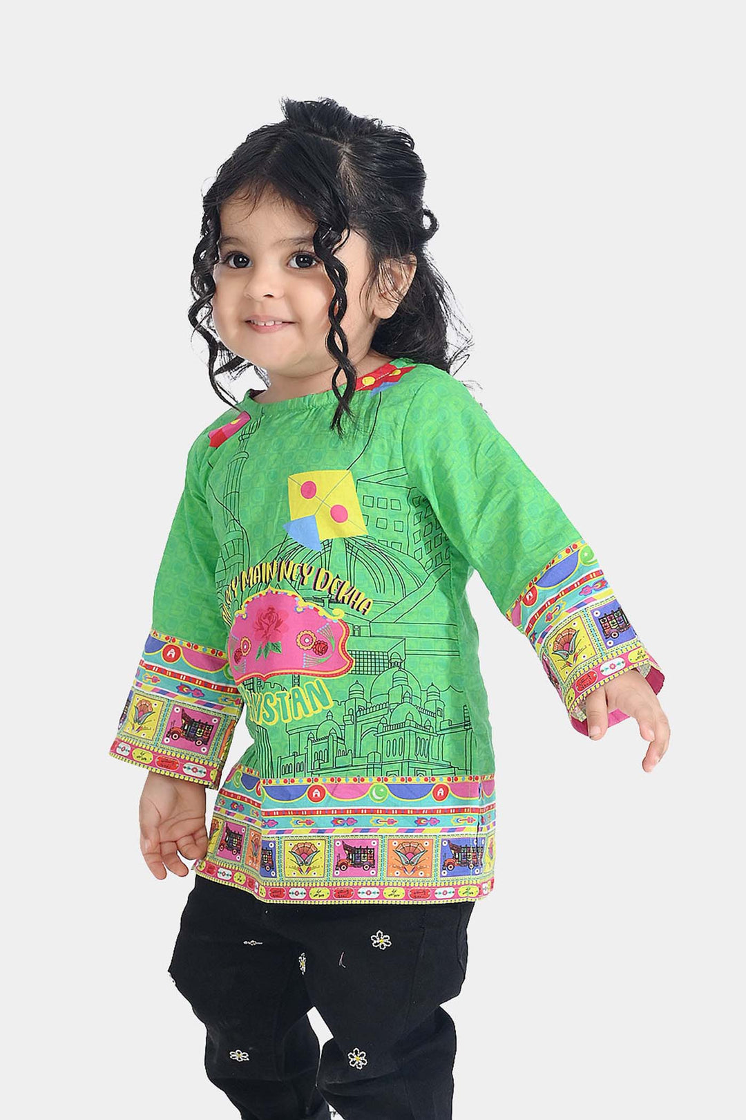 Infant Girls Cotton Printed Kurti Independence Day-L.Green