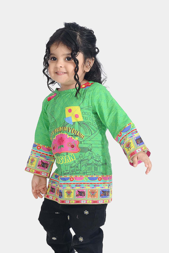 Infant Girls Cotton Printed Kurti Independence Day-L.Green