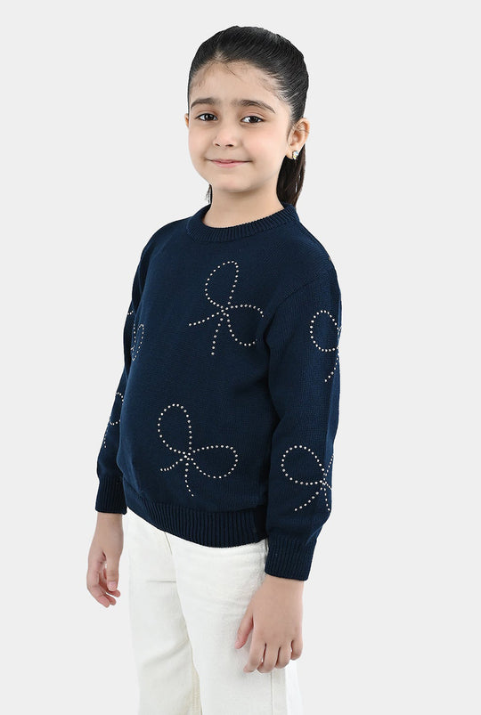 Girls Cotton Sweater Bow Studs-BLUE