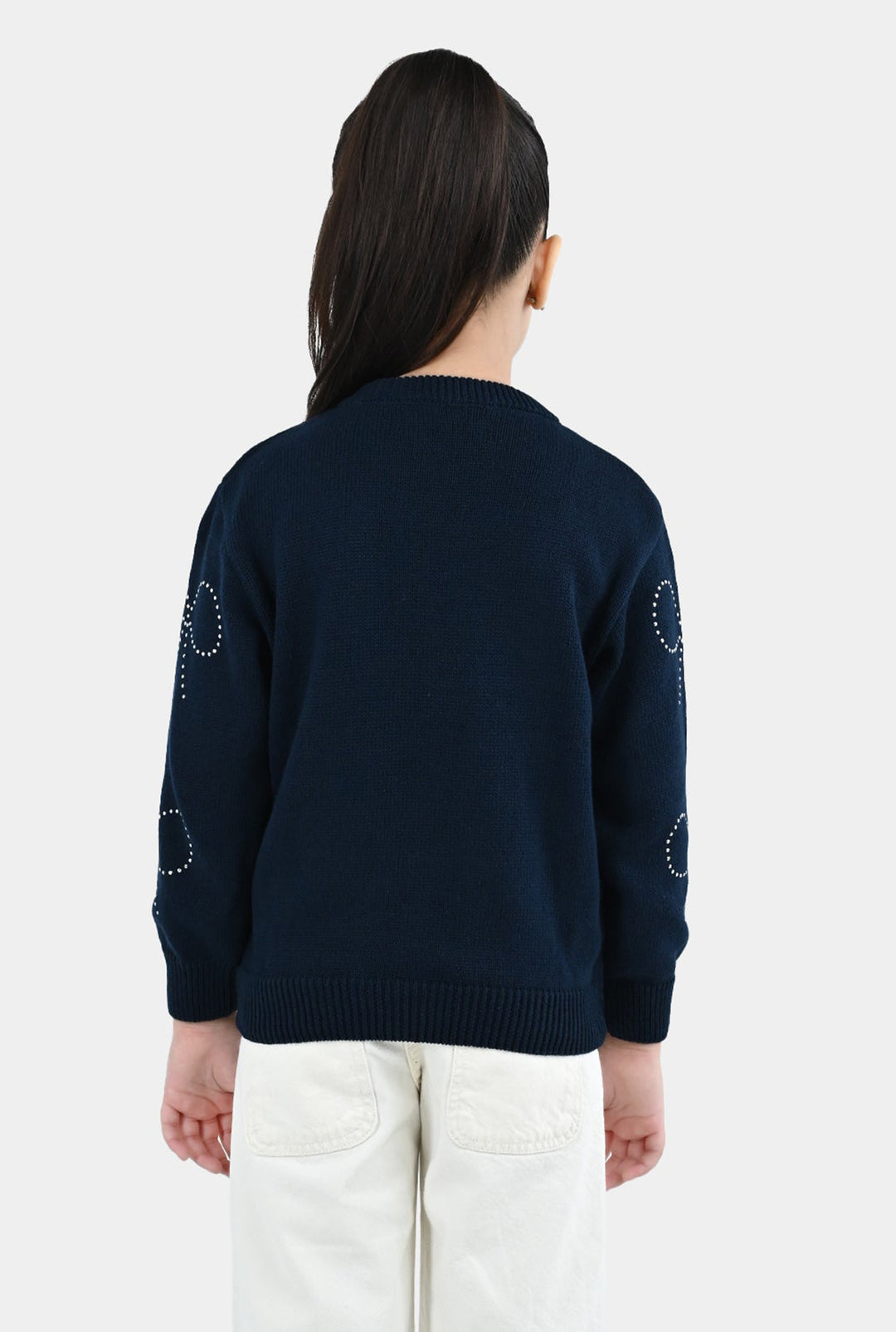 Girls Cotton Sweater Bow Studs-BLUE