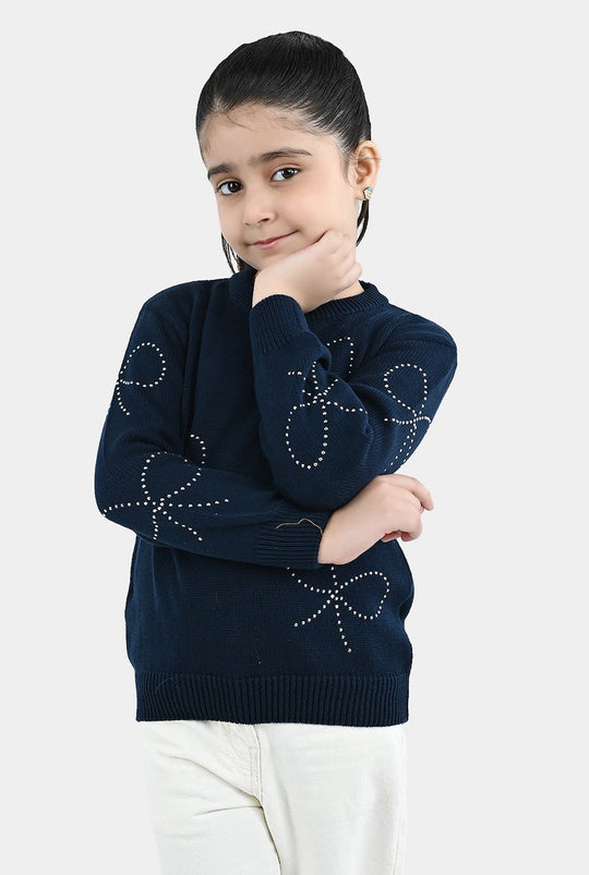 Girls Cotton Sweater Bow Studs-BLUE