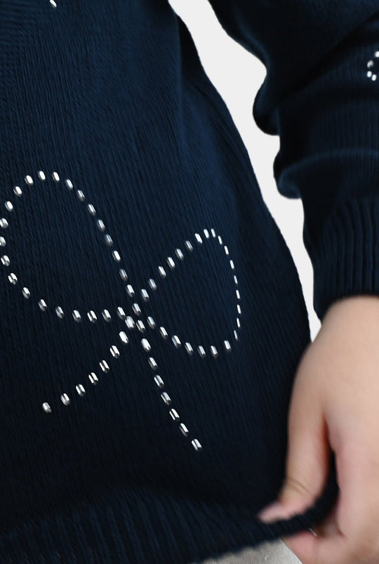 Girls Cotton Sweater Bow Studs-BLUE