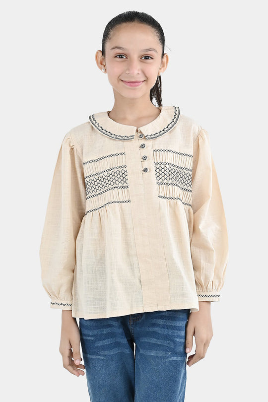 Girls Cotton Emb Top Vintage Top-Ivory