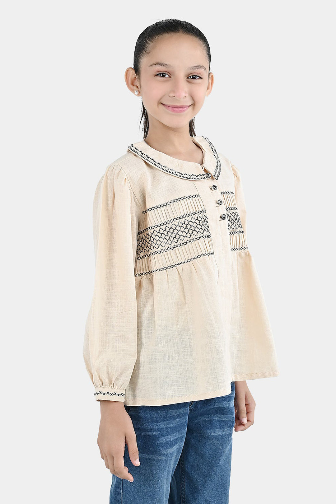 Girls Cotton Emb Top Vintage Top-Ivory