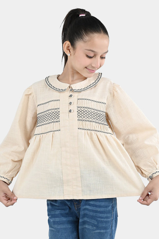 Girls Cotton Emb Top Vintage Top-Ivory