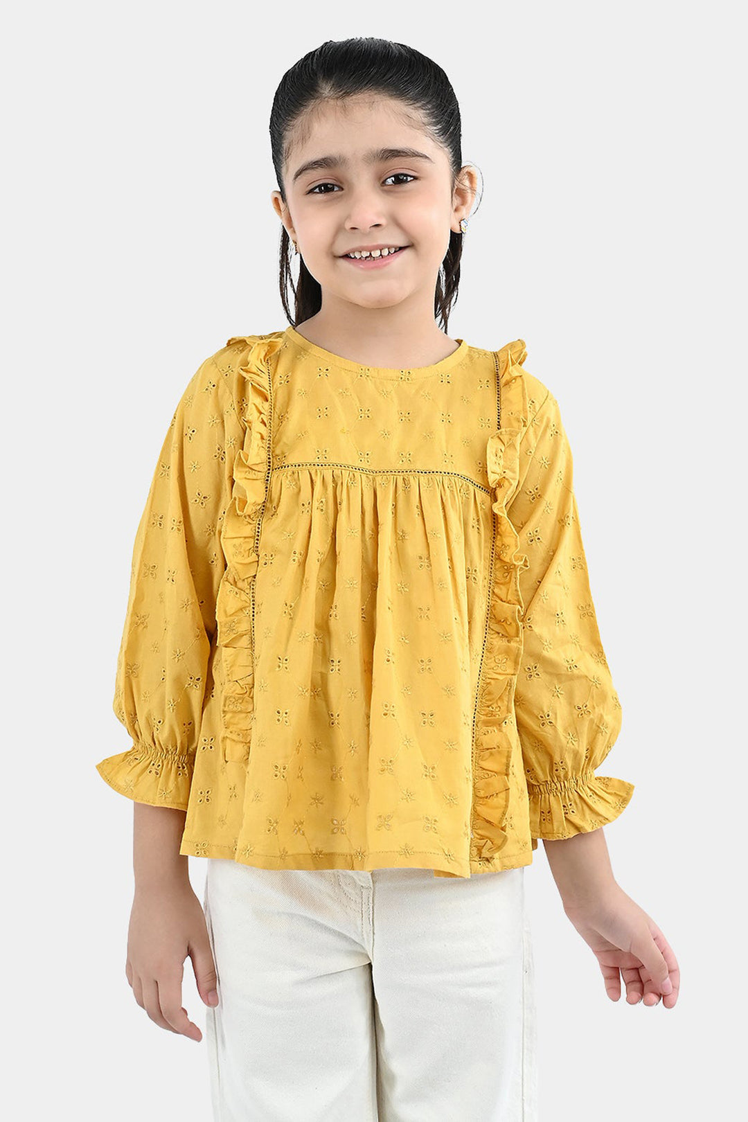 Girls Cotton Emb Top Shine-Mustard