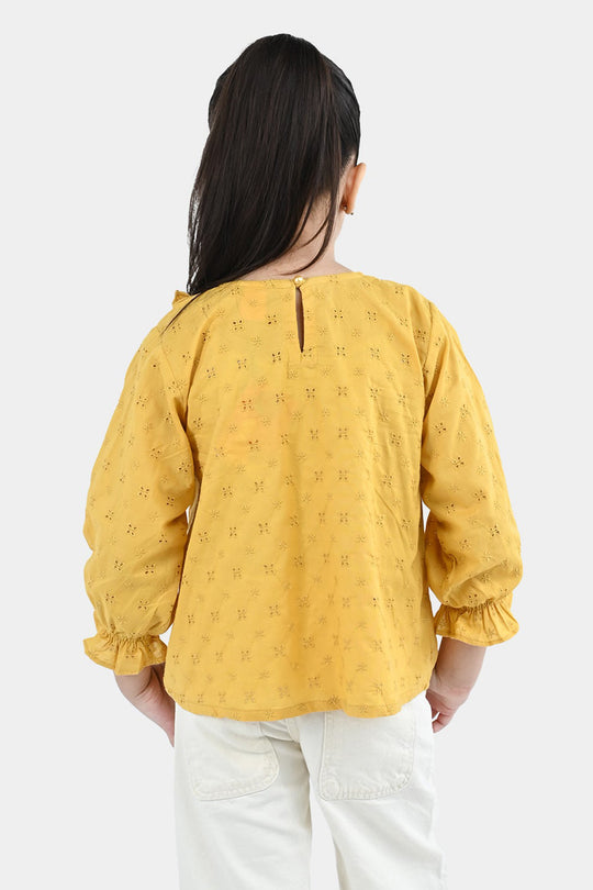 Girls Cotton Emb Top Shine-Mustard