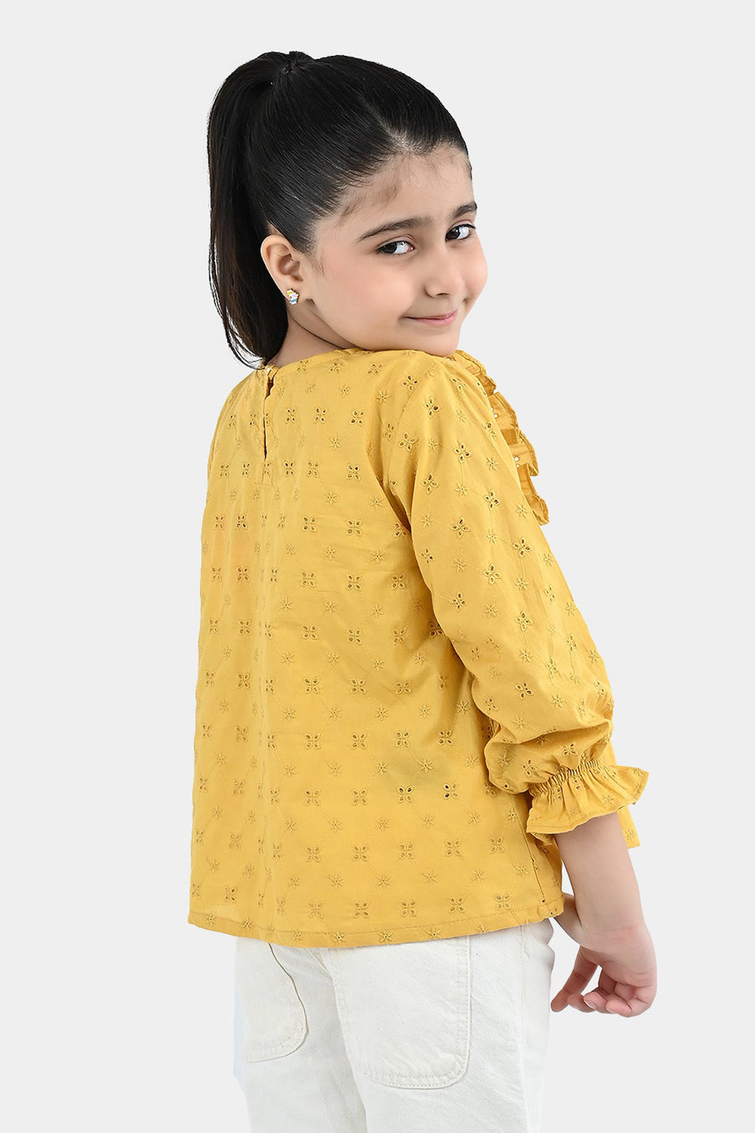 Girls Cotton Emb Top Shine-Mustard