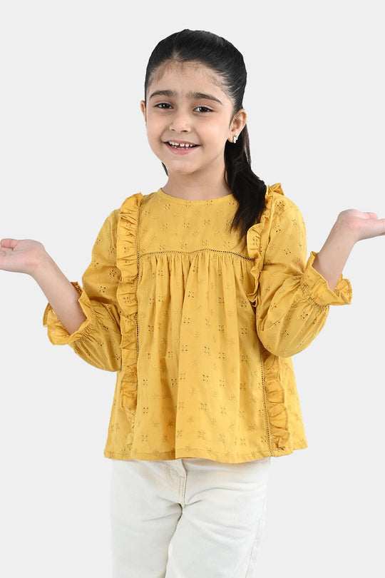 Girls Cotton Emb Top Shine-Mustard