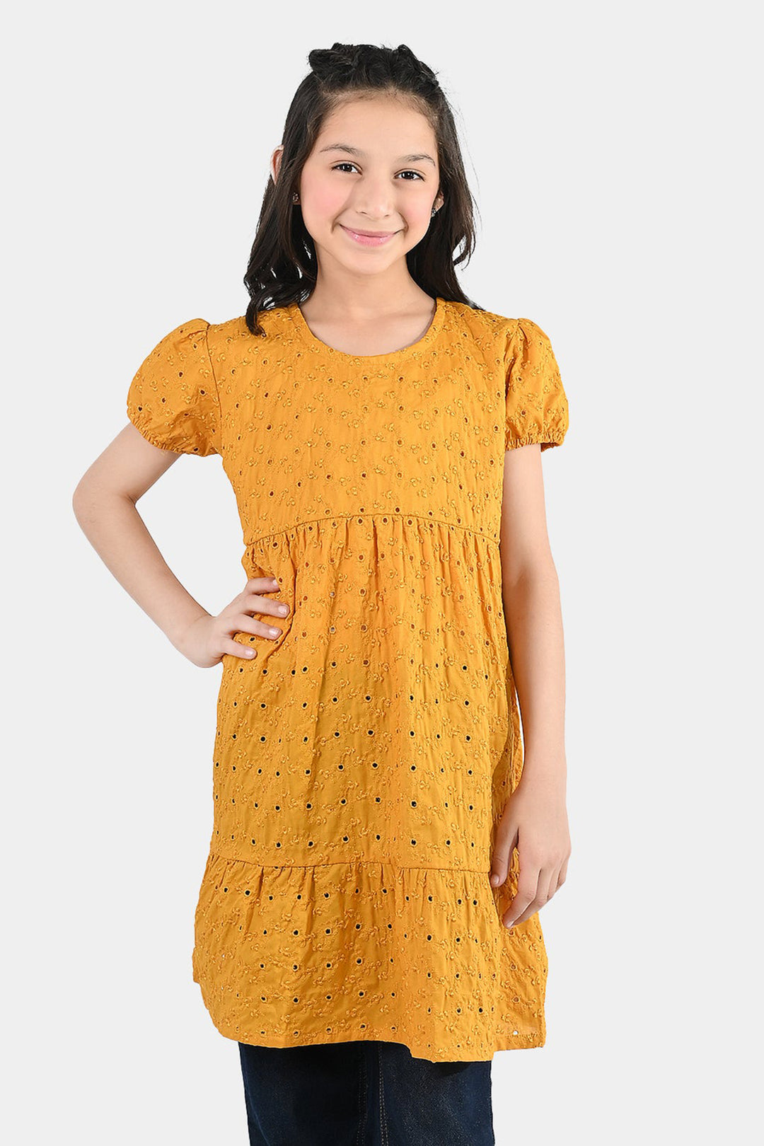 Girls Poly Crinkle Embroidered Frock - Golden Glow