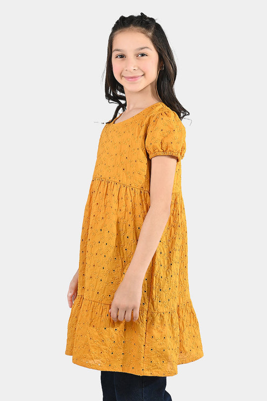Girls Poly Crinkle Embroidered Frock - Golden Glow