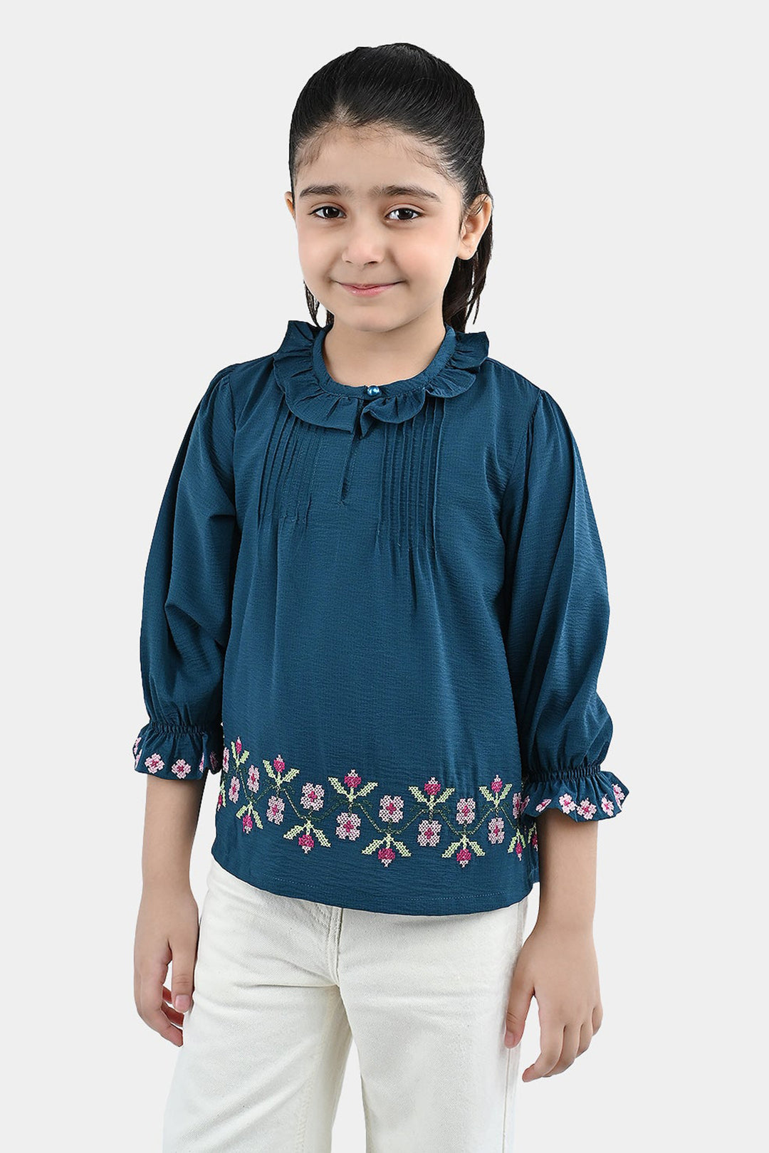 Girls Polyester Emb Top Cross Stitch- Teal