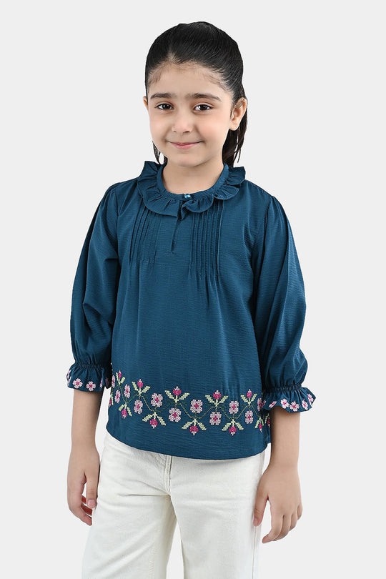 Girls Polyester Emb Top Cross Stitch- Teal