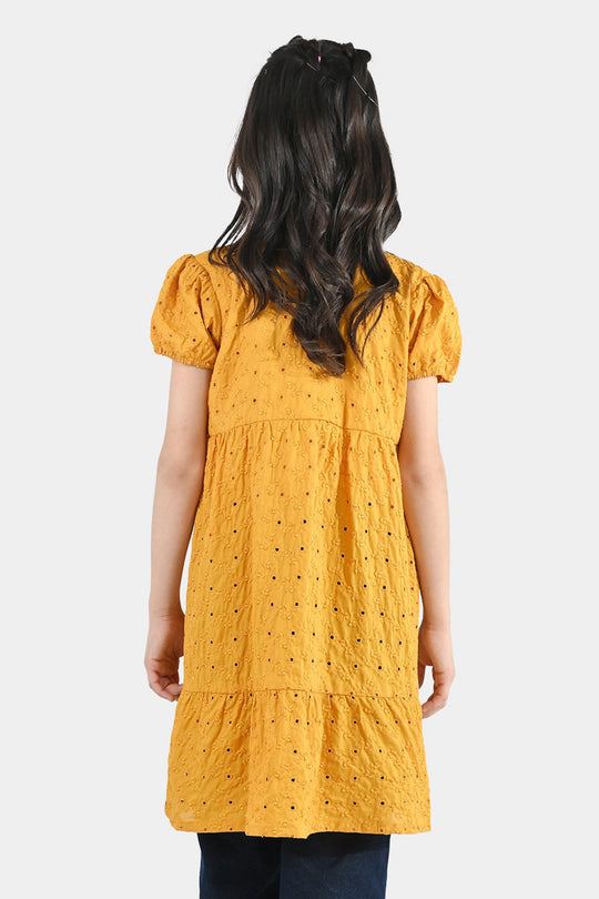 Girls Poly Crinkle Embroidered Frock - Golden Glow