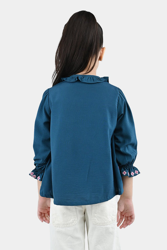 Girls Polyester Emb Top Cross Stitch- Teal