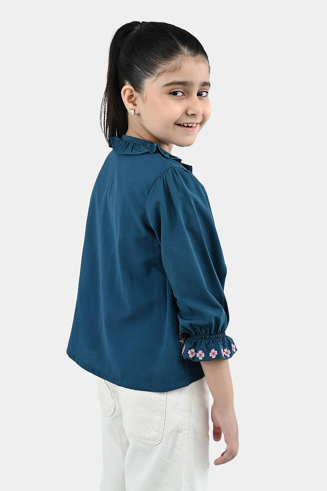 Girls Polyester Emb Top Cross Stitch- Teal
