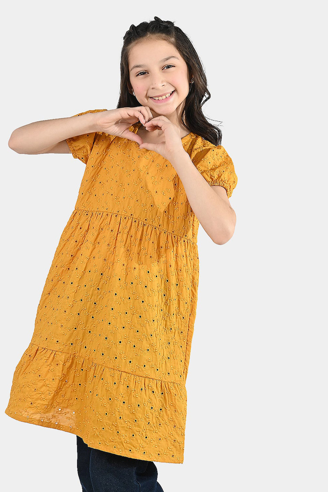 Girls Poly Crinkle Embroidered Frock - Golden Glow