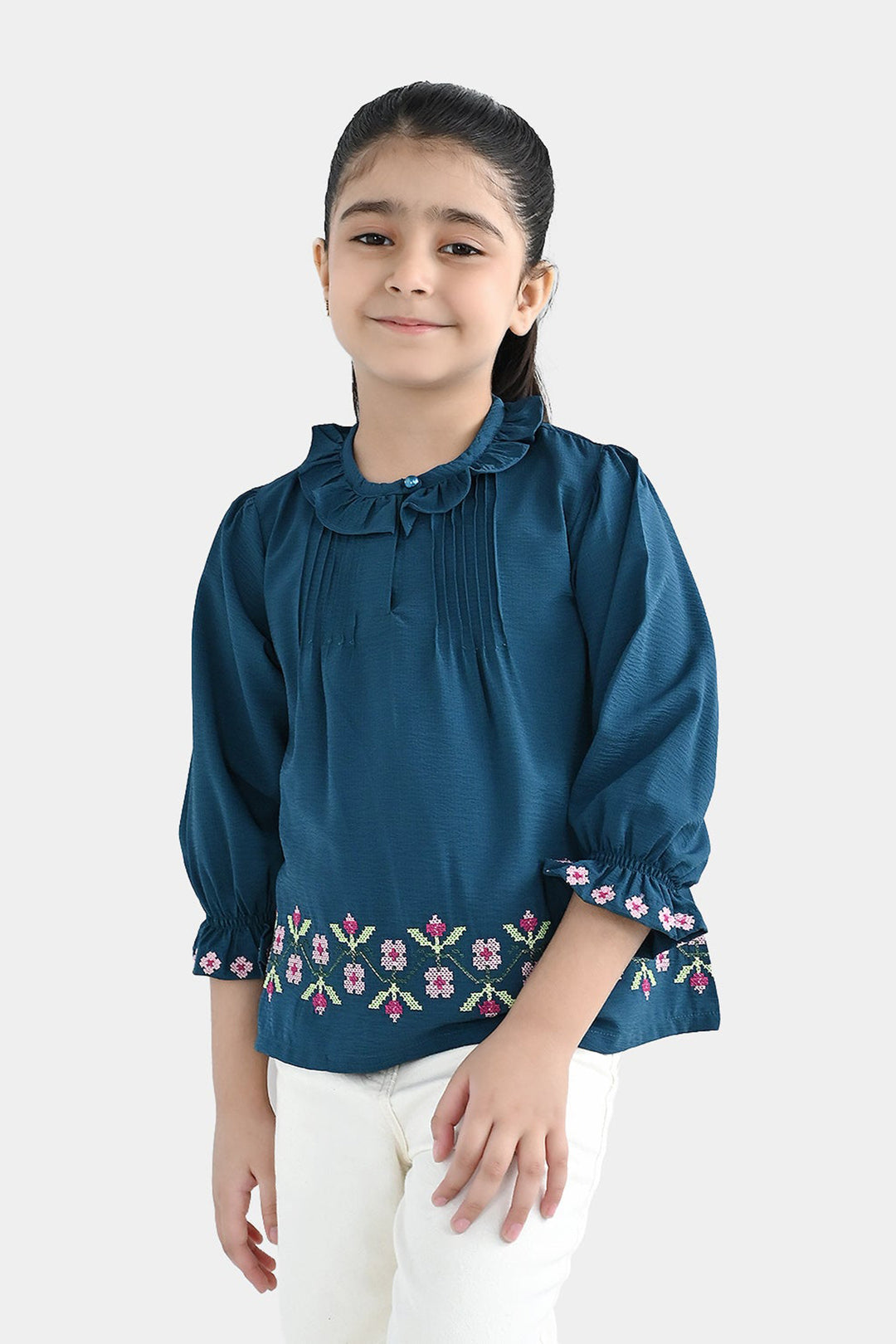 Girls Polyester Emb Top Cross Stitch- Teal