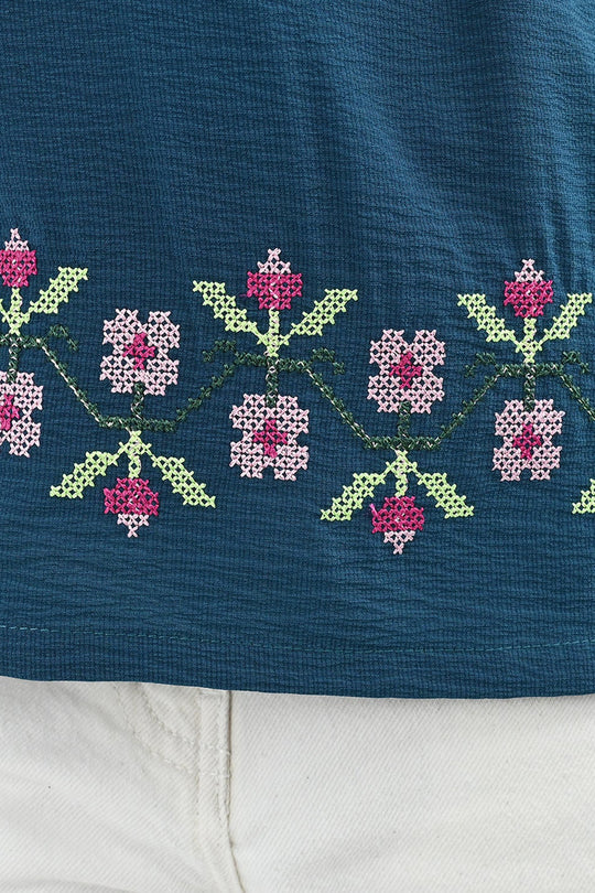 Girls Polyester Emb Top Cross Stitch- Teal