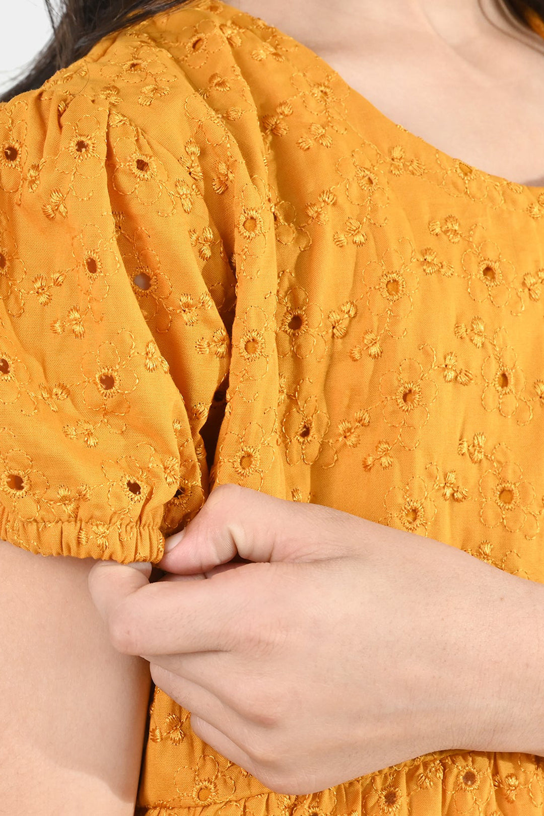 Girls Poly Crinkle Embroidered Frock - Golden Glow