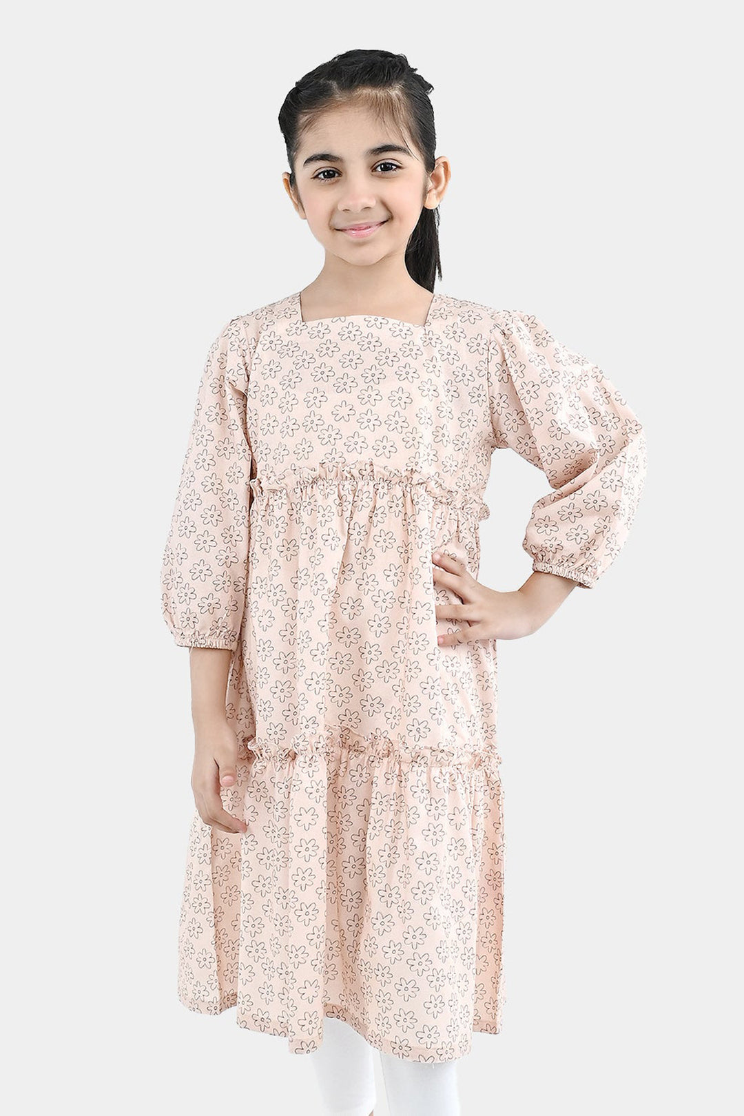 Girls Cotton Dress Tiny Flower-LT.Peach