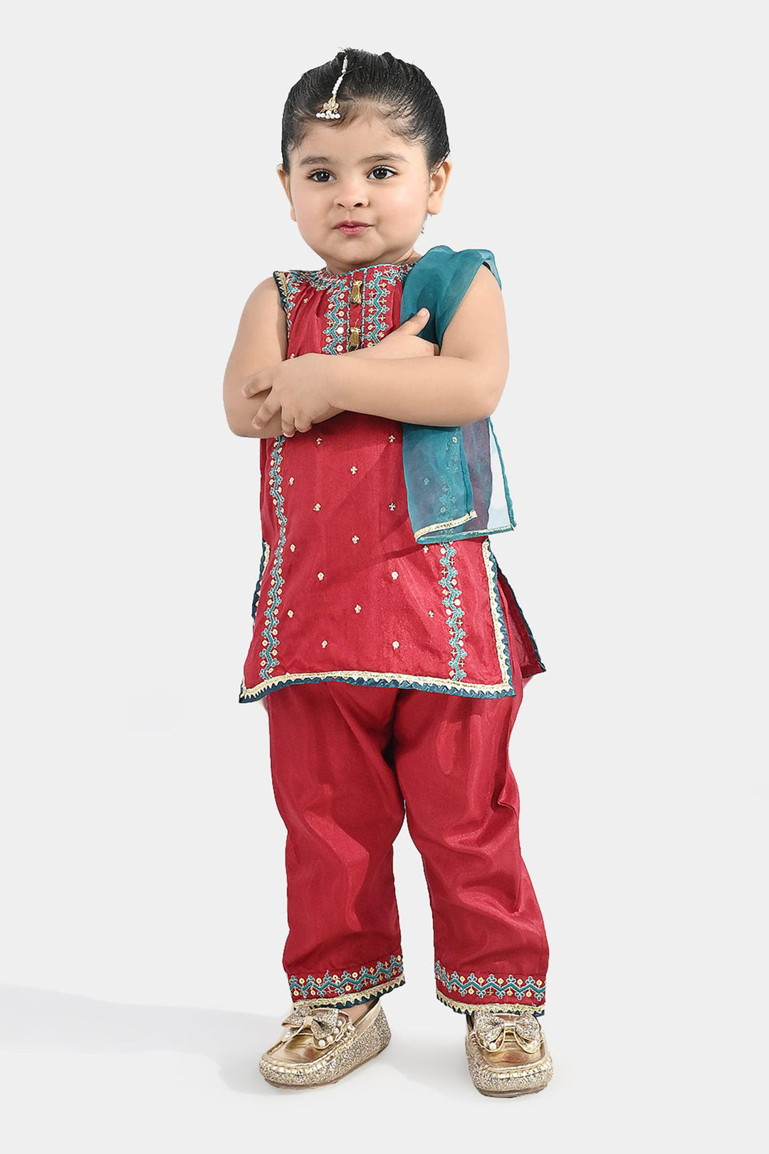 Infant Girls Raw Silk 3 Piece Suit (Naqsh) - Red