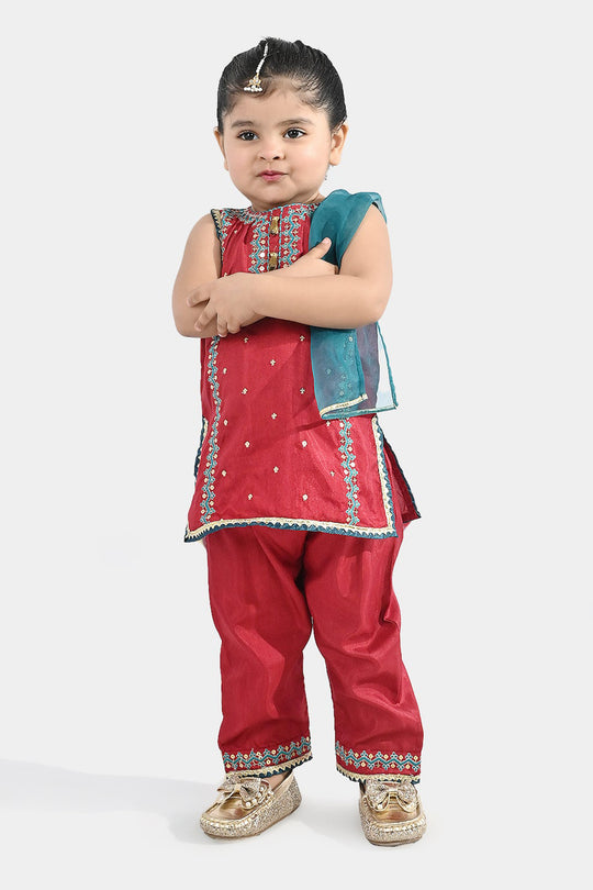Infant Girls Raw Silk 3 Piece Suit (Naqsh) - Red