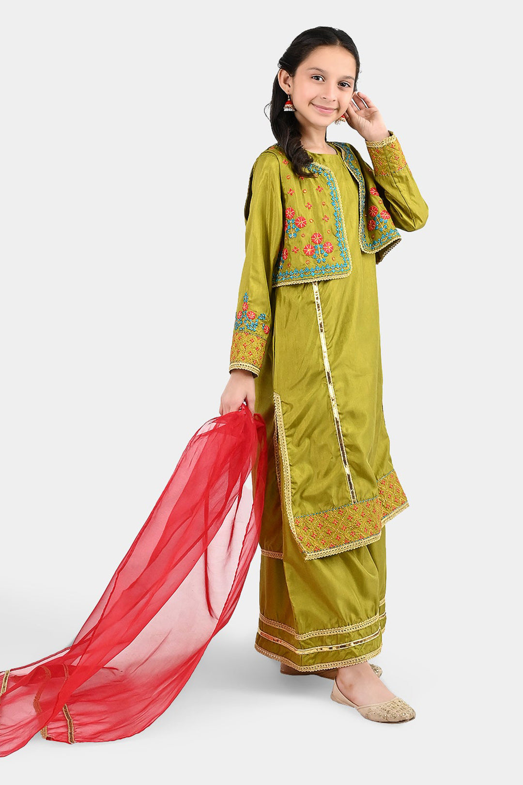 Girls Raw Silk 4Pcs Rasam-Olive.Green