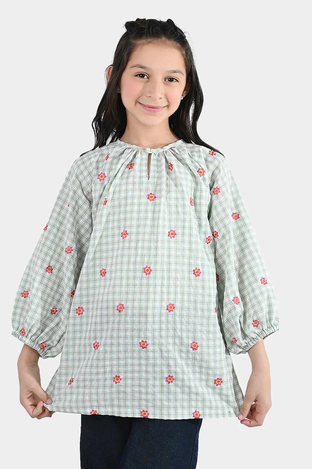Girls Cotton Embroidered Top (Checks) - Pista Green