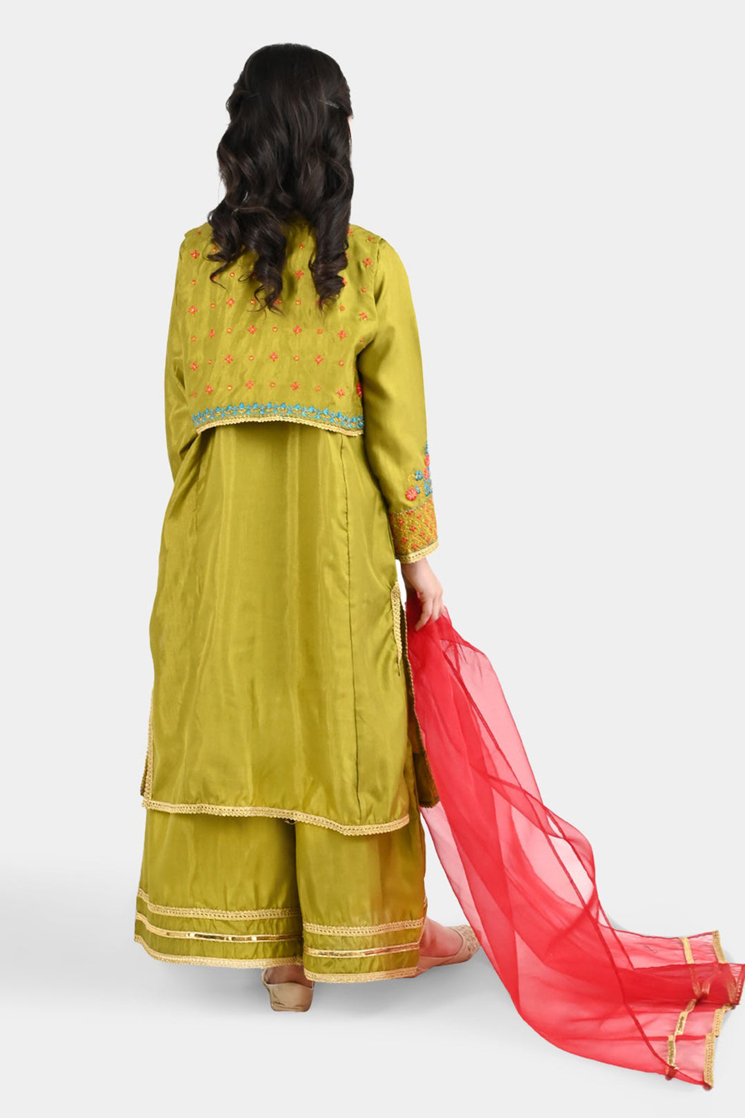 Girls Raw Silk 4Pcs Rasam-Olive.Green