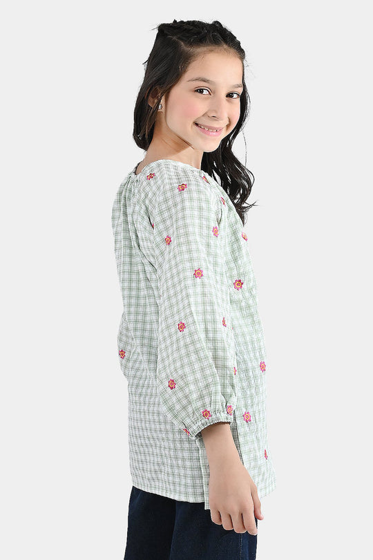 Girls Cotton Embroidered Top (Checks) - Pista Green