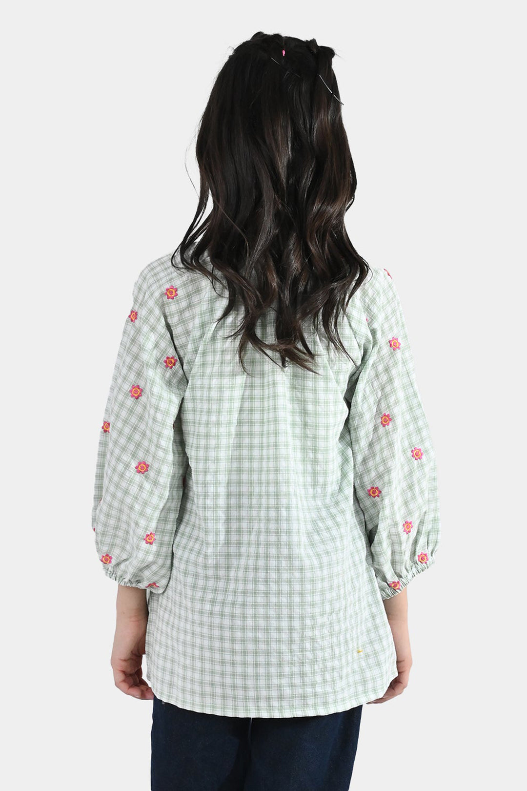 Girls Cotton Embroidered Top (Checks) - Pista Green