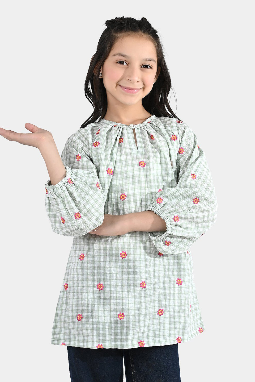 Girls Cotton Embroidered Top (Checks) - Pista Green
