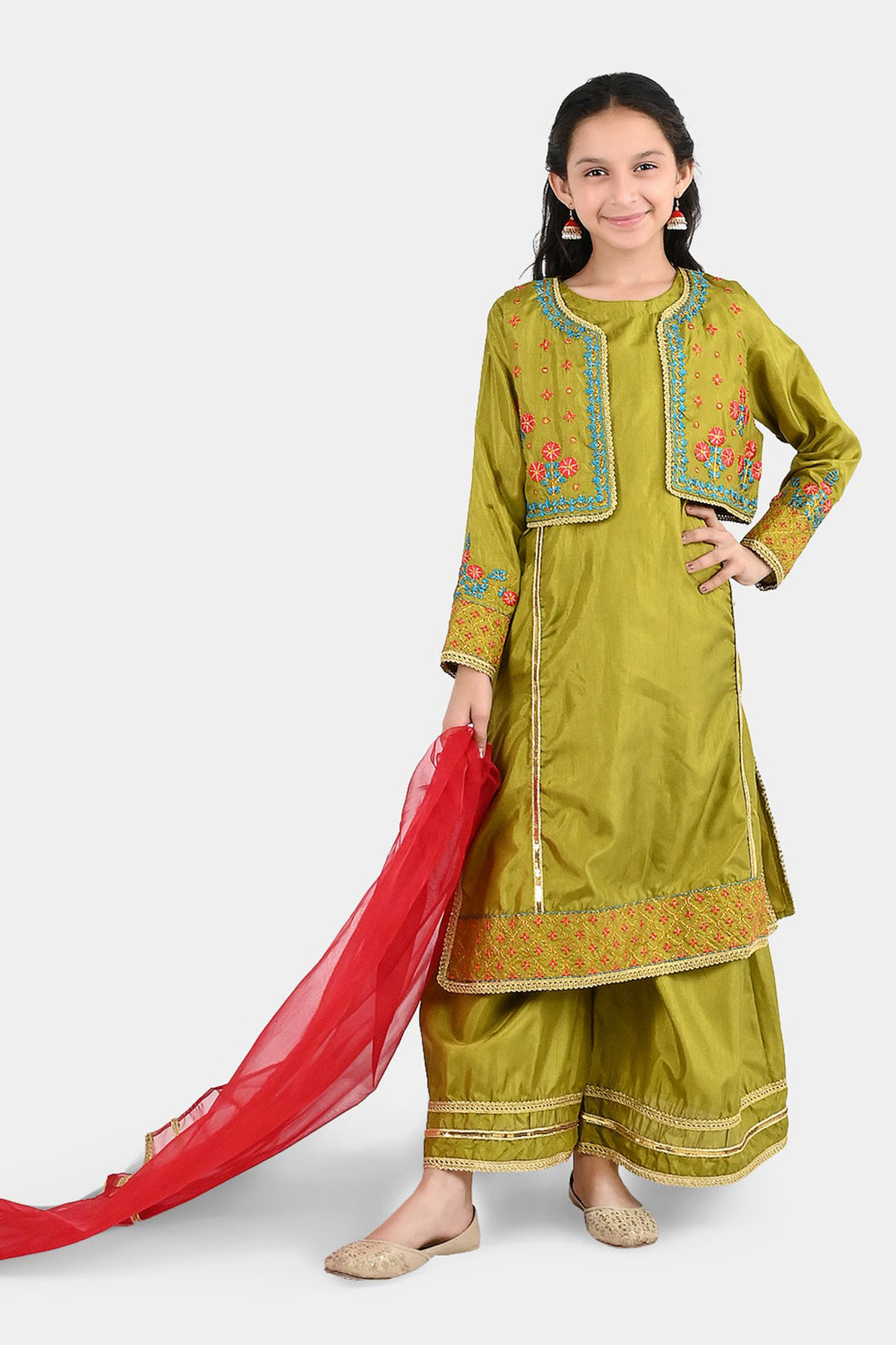 Girls Raw Silk 4Pcs Rasam-Olive.Green