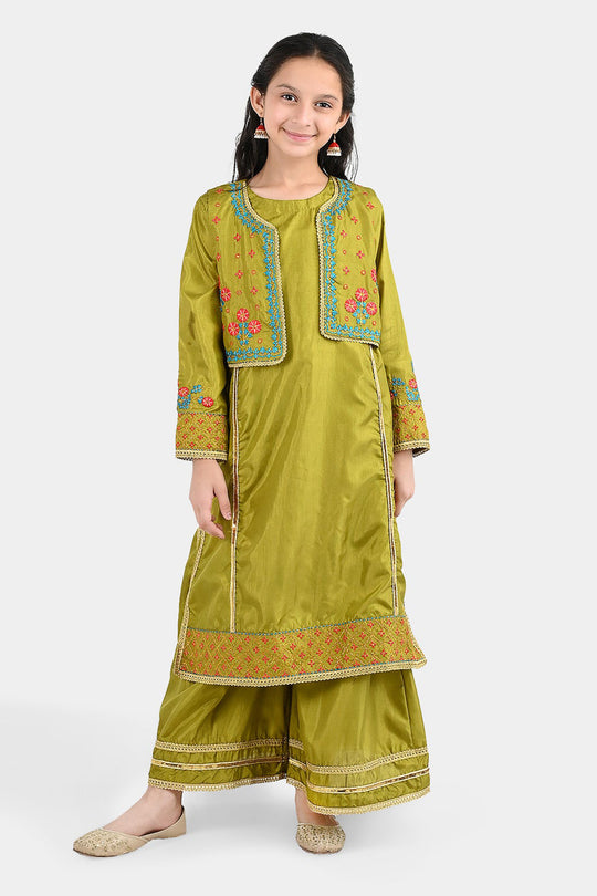 Girls Raw Silk 4Pcs Rasam-Olive.Green