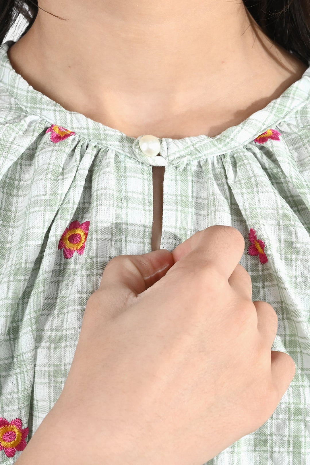 Girls Cotton Embroidered Top (Checks) - Pista Green