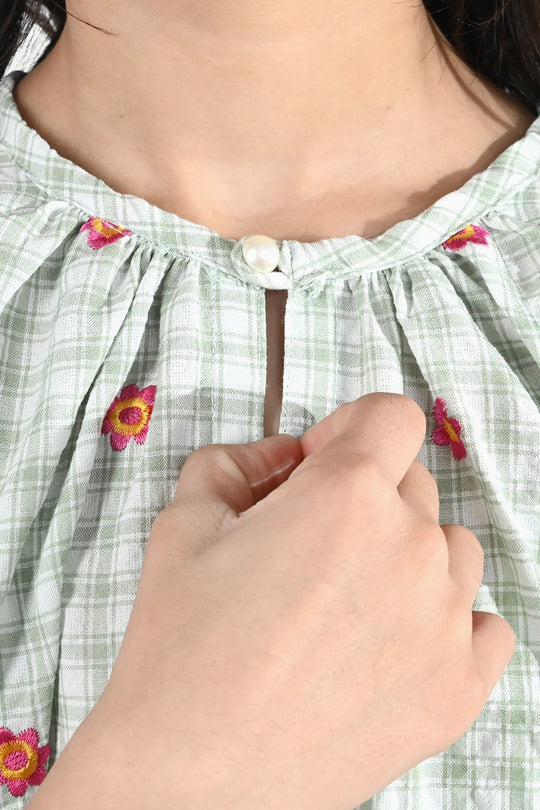 Girls Cotton Embroidered Top (Checks) - Pista Green