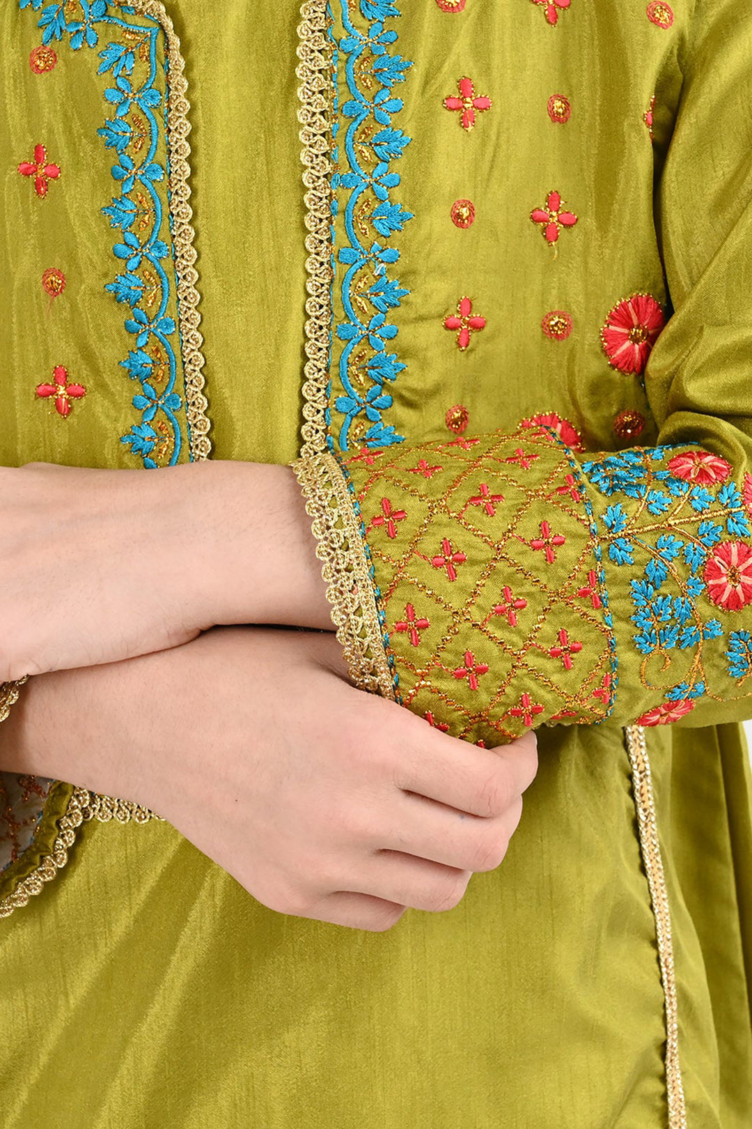 Girls Raw Silk 4Pcs Rasam-Olive.Green