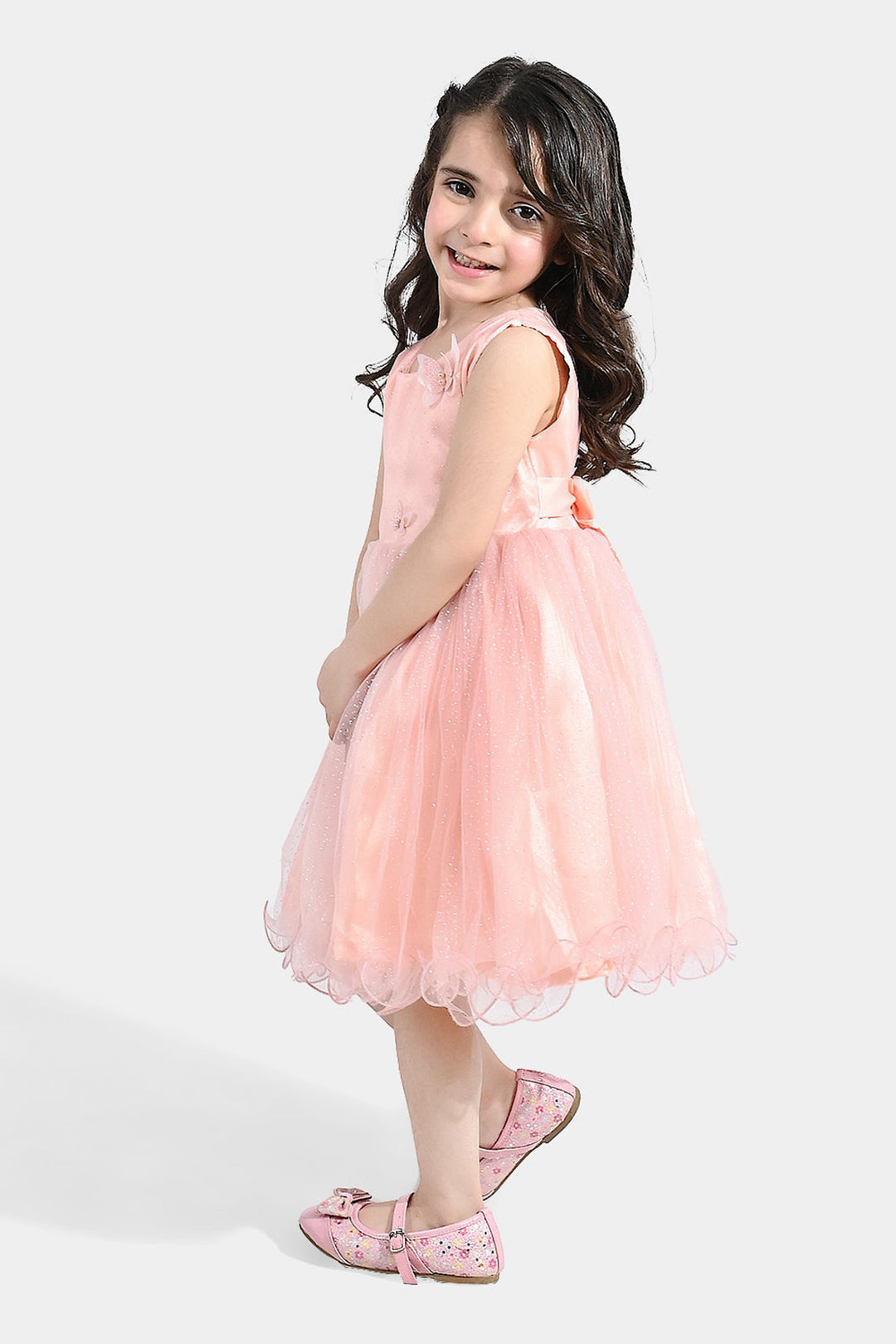 Girls Net Frock (3D Butterfly) - Peach