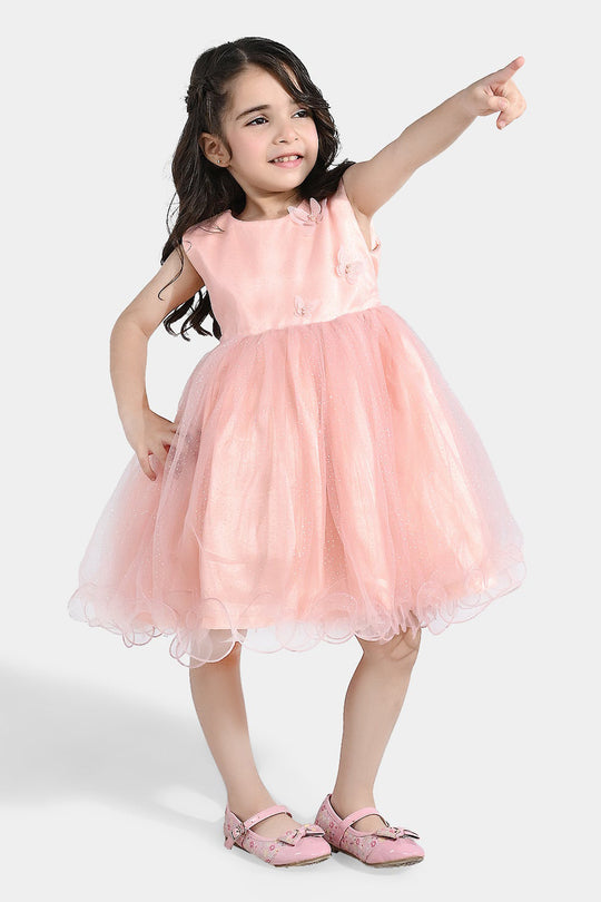 Girls Net Frock (3D Butterfly) - Peach