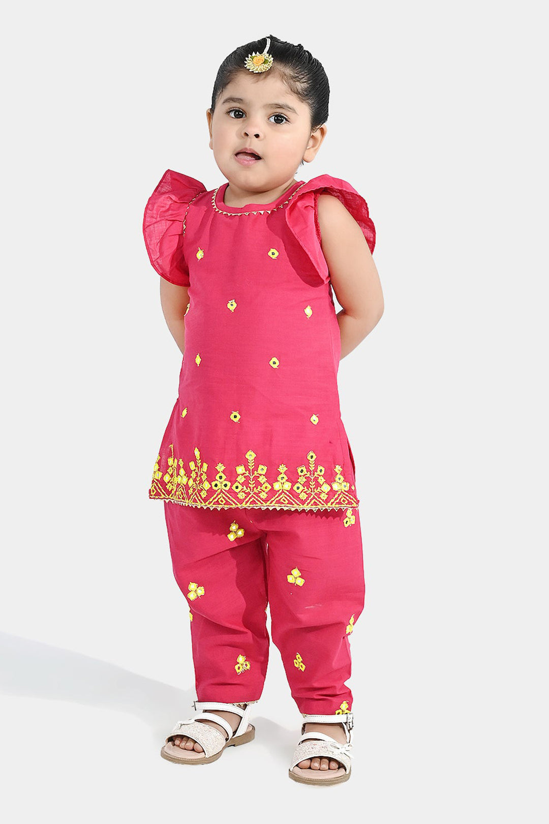 Infant Girls Cotton Slub 2Pc Suit (Pari) - Shocking Pink