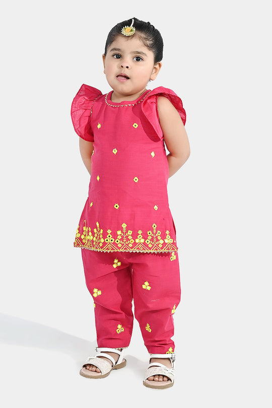Infant Girls Cotton Slub 2Pc Suit (Pari) - Shocking Pink