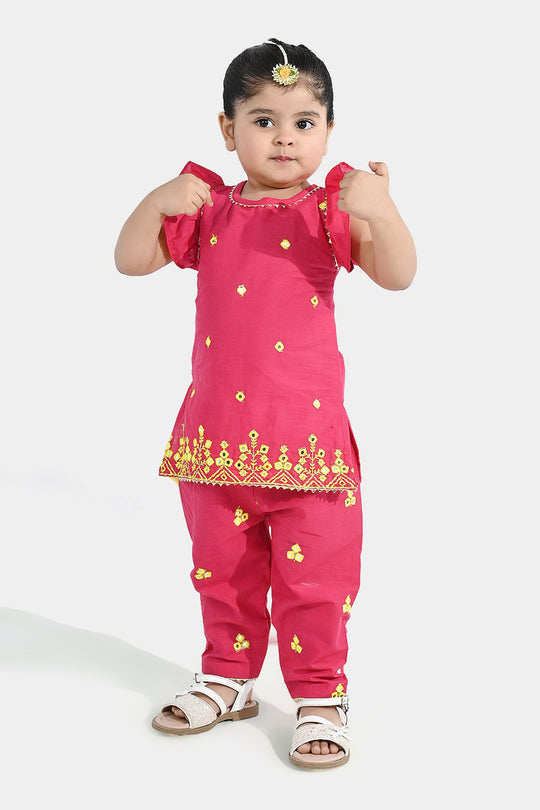 Infant Girls Cotton Slub 2Pc Suit (Pari) - Shocking Pink