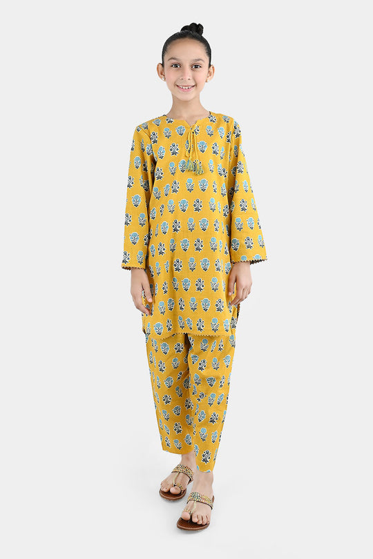Girls Cotton Printed 2Pcs Tulip-Mustard