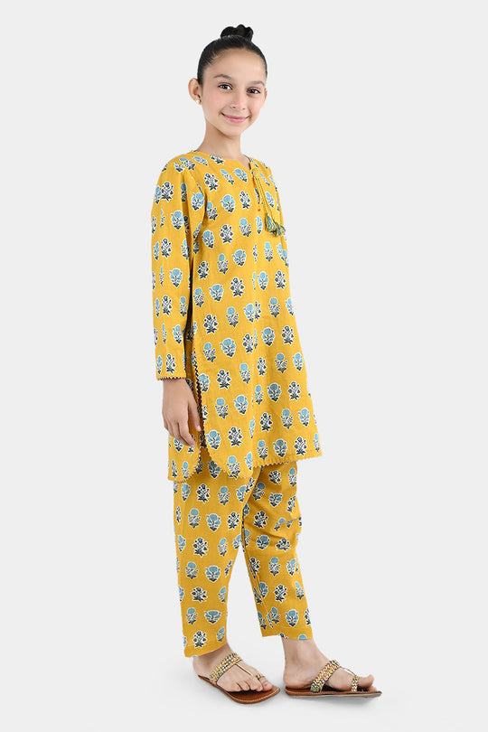 Girls Cotton Printed 2Pcs Tulip-Mustard