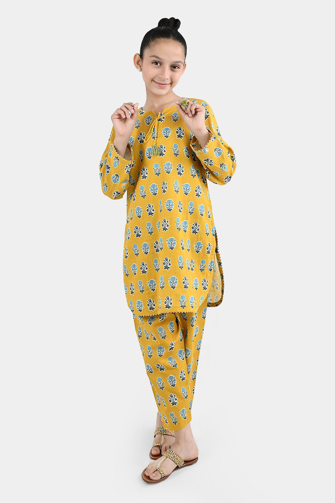 Girls Cotton Printed 2Pcs Tulip-Mustard