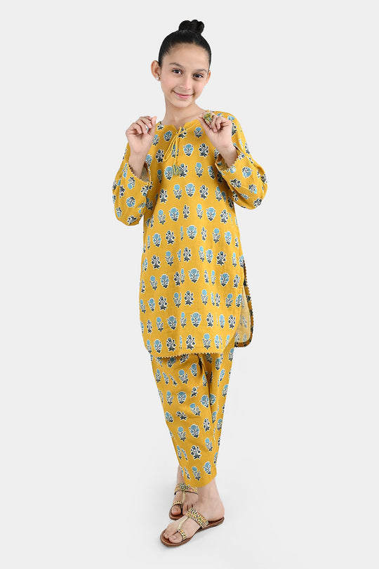 Girls Cotton Printed 2Pcs Tulip-Mustard
