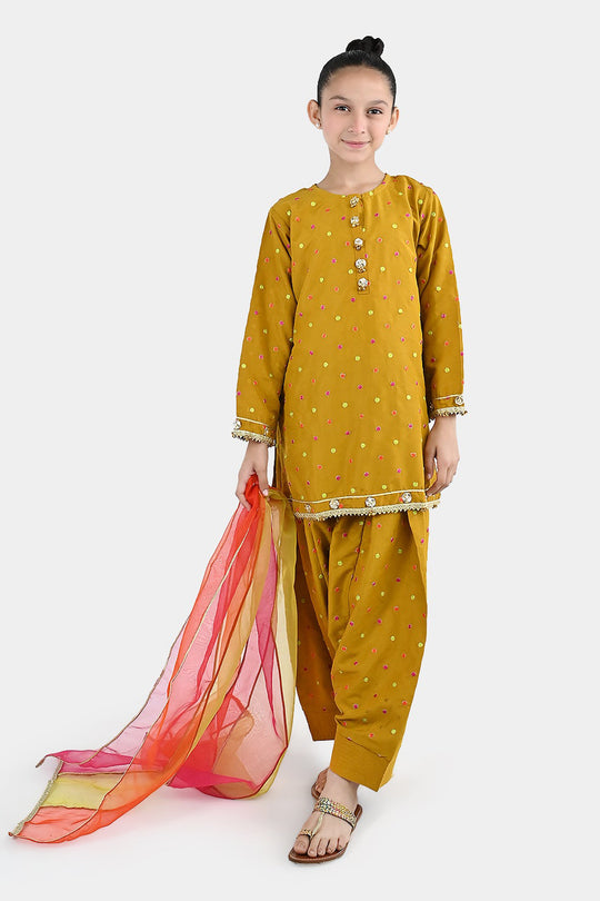 Girls Raw Silk 3Pcs Desi Diva-Lt.Mustard