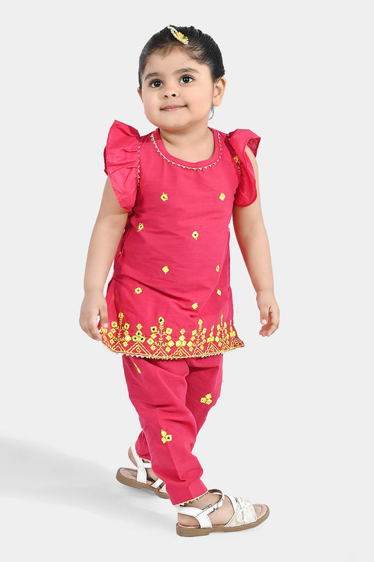 Infant Girls Cotton Slub 2Pc Suit (Pari) - Shocking Pink