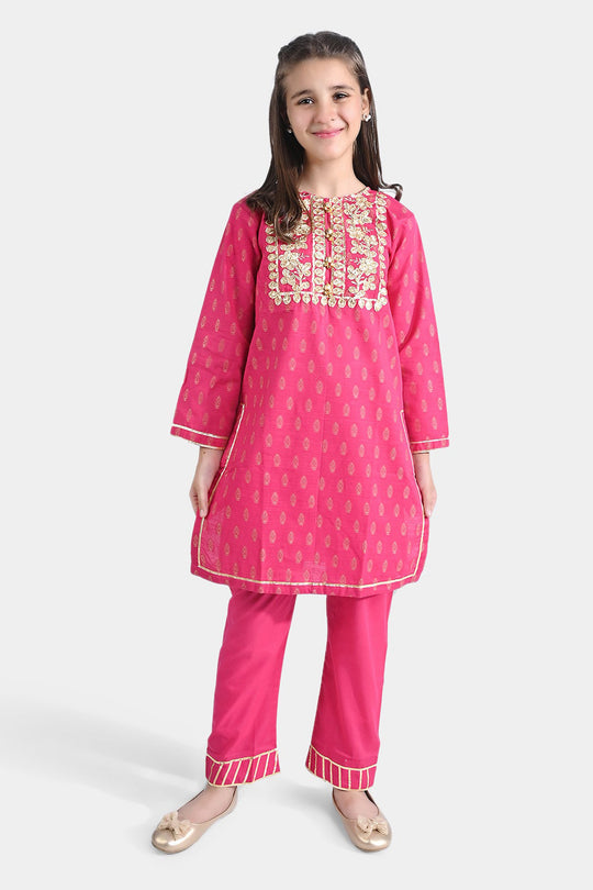 Girls Jacquard 2PC Suit Gota Pati-Paradise Pink